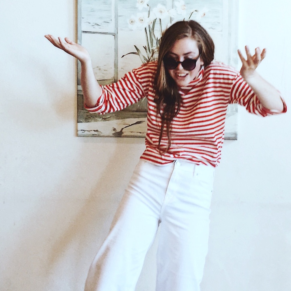 J. Crew Red Striped Cropped Turtleneck Sweatshirt
